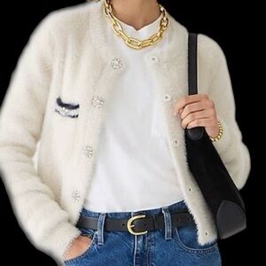 J Crew Sweater Lady Jacket/Cardigan in Light Bone & Navy Brushed Yarn